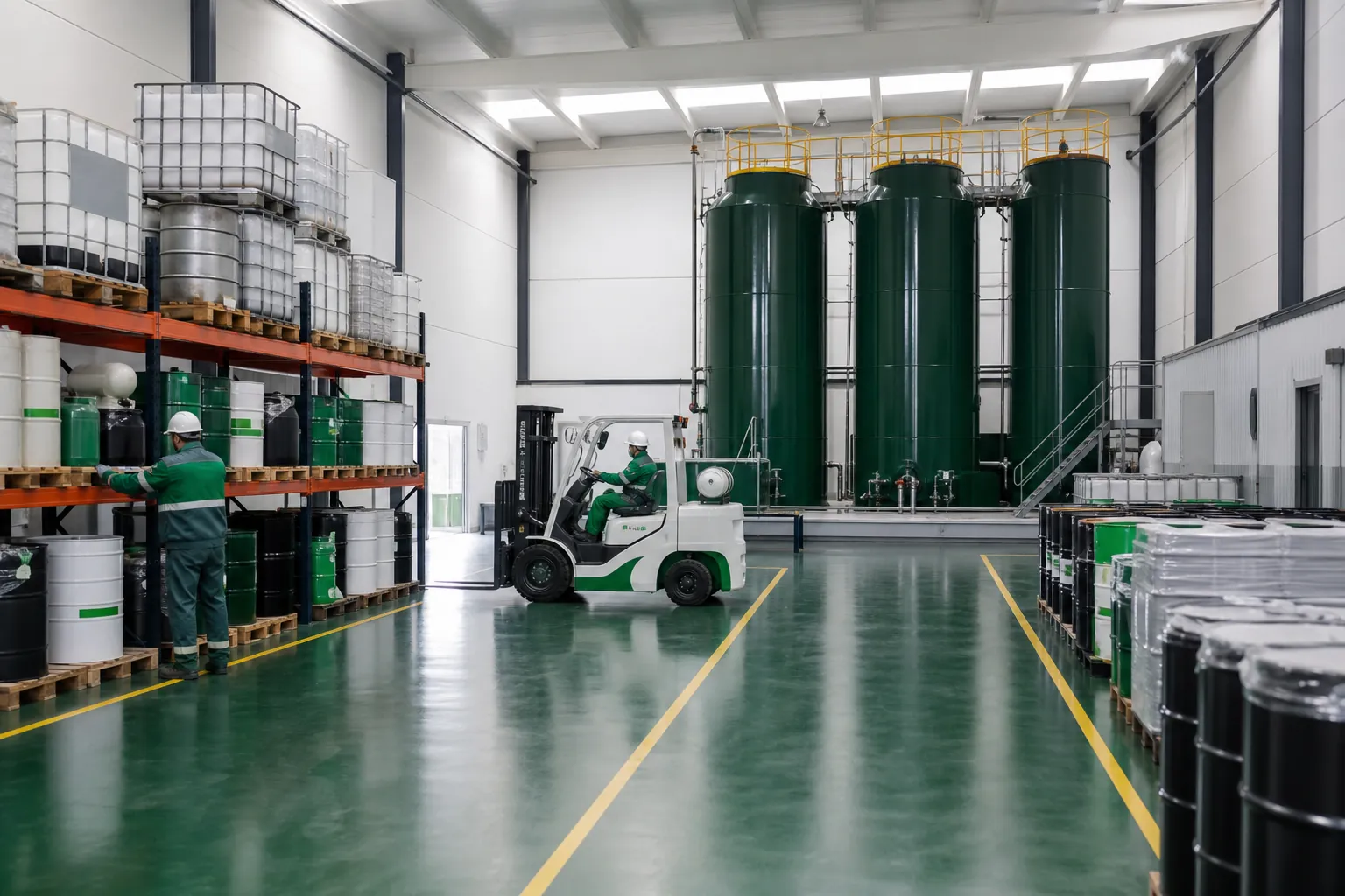 Interior del centro de transferencia con depósitos de aceite usado y residuos ordenados