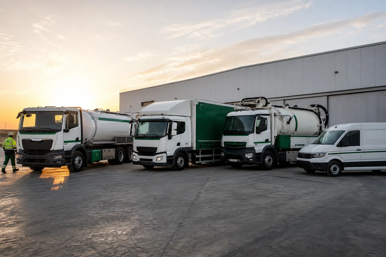 Flota de camiones y furgonetas blancos y verdes en la base al amanecer