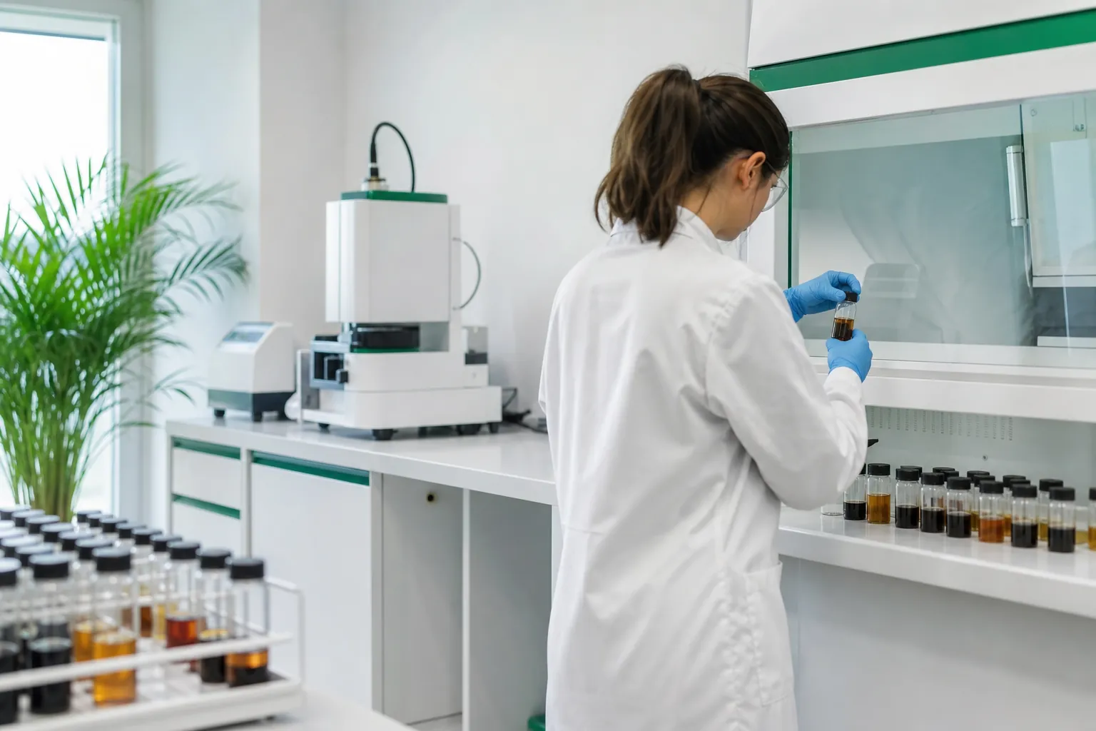 Técnica de laboratorio analizando muestras de aceite usado
