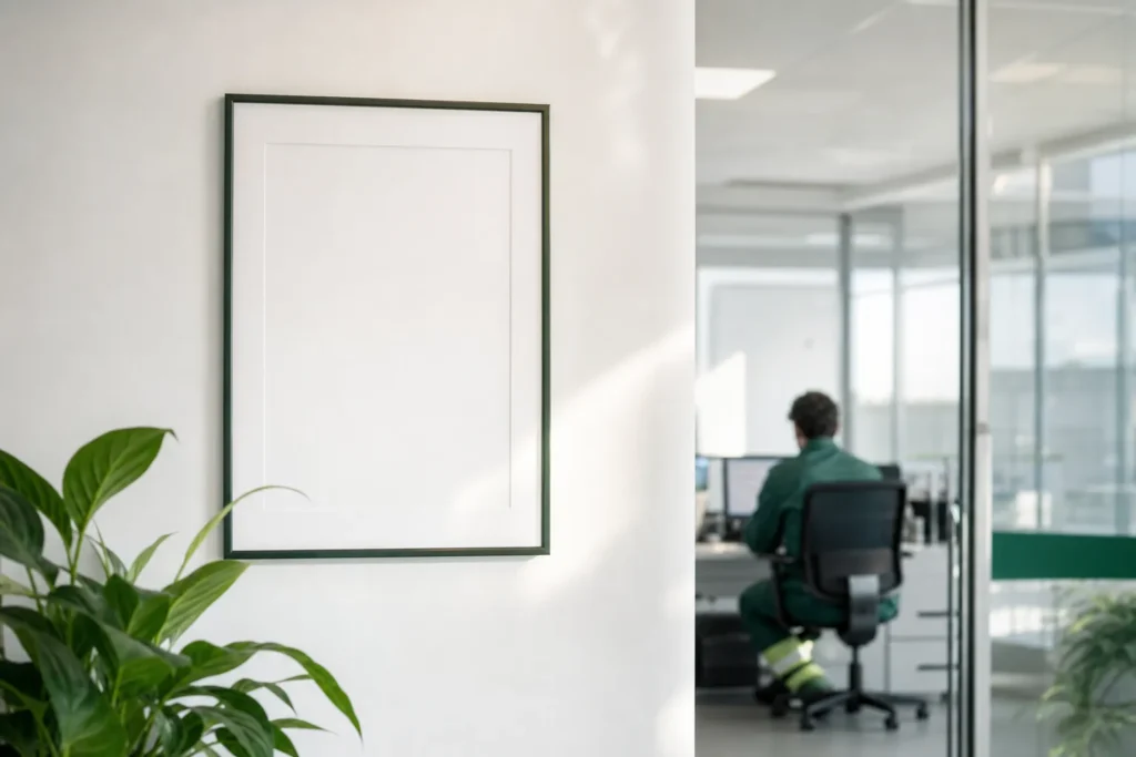 Oficina luminosa con un certificado enmarcado en la pared