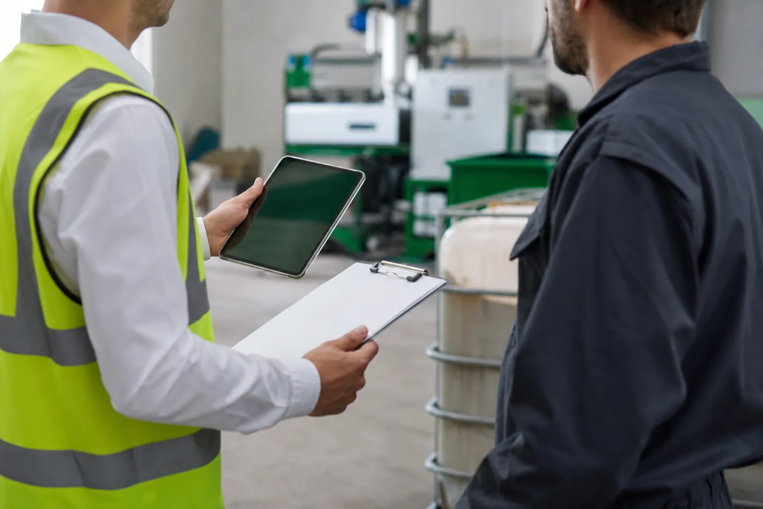 Técnico de medio ambiente asesorando al responsable de un taller con una tableta