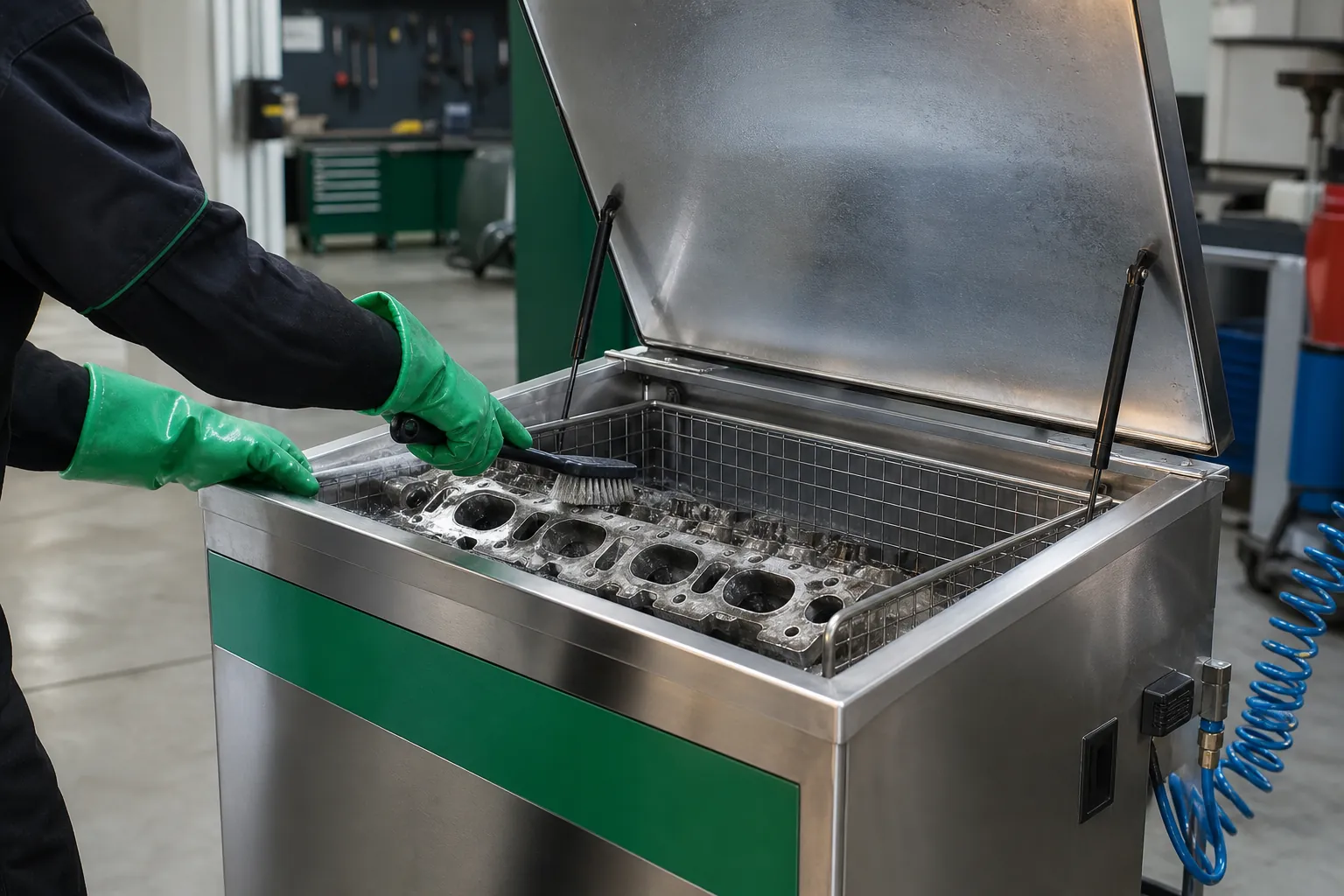 Máquina lavapiezas de acero inoxidable en un taller mecánico