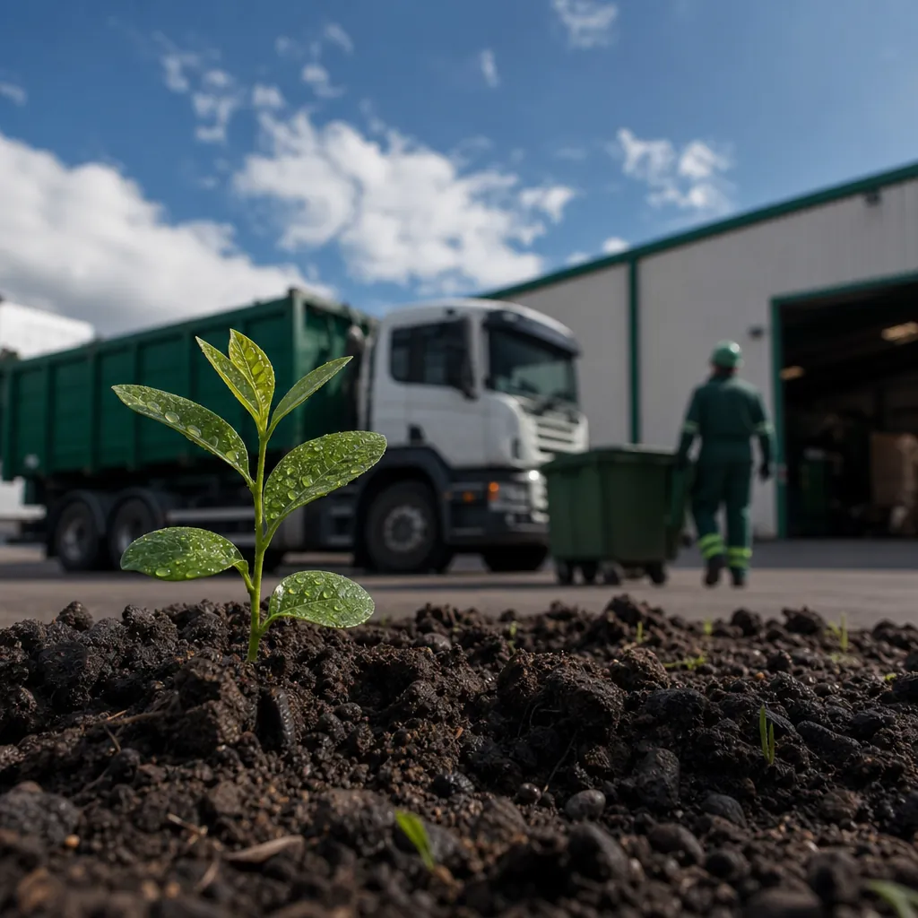 Planta joven brotando de la tierra junto a una nave industrial